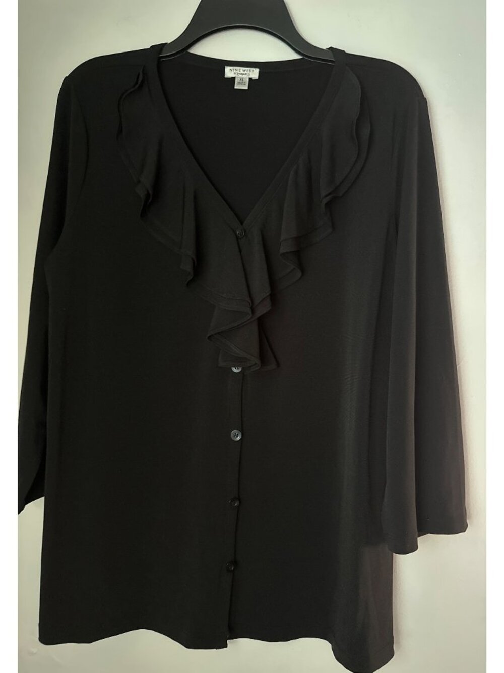 Nine West Black Ruffle Blouse XL Feminine Elegant Sheer Y2K old money retro